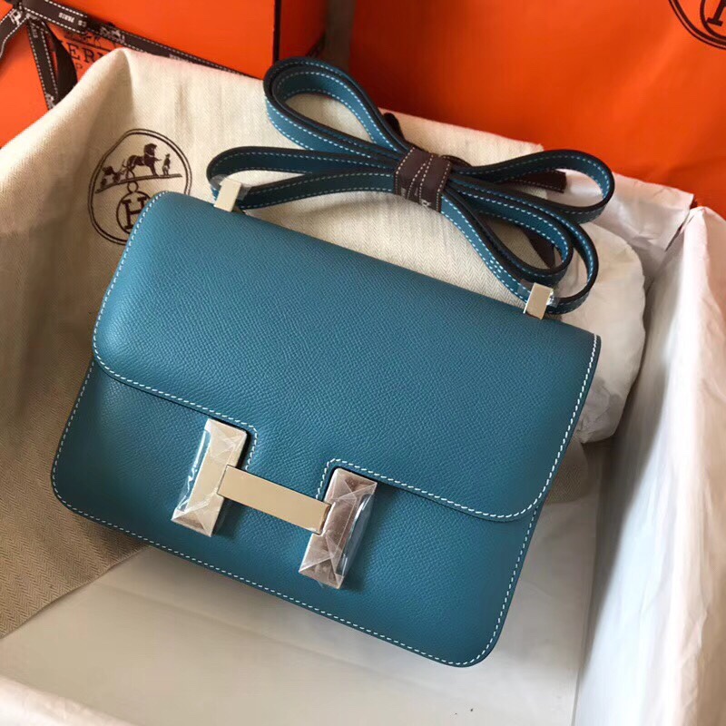 Hermes Constance 24cm Shoulder Bag In Blue Jean Epsom Leather